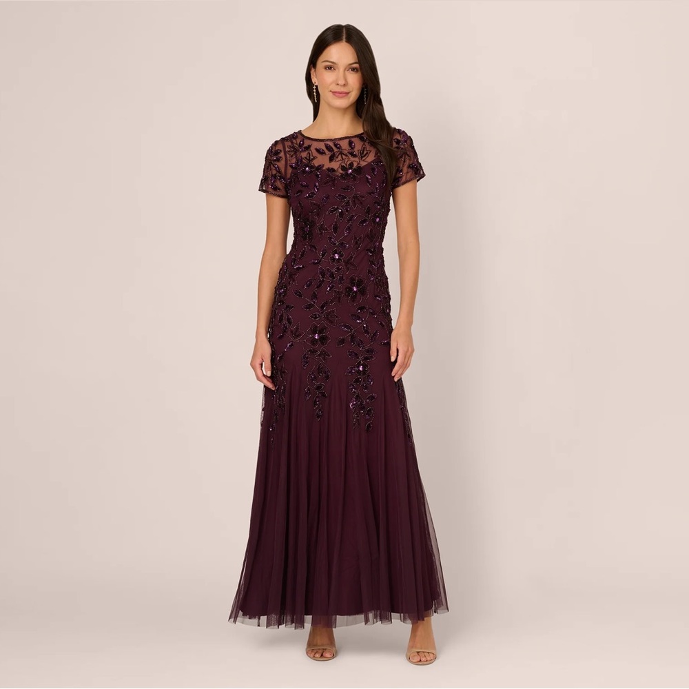 Adrianna Papell Beaded Mesh Gown Purple Plum Size 6 NWT Formal Evening Dress MOB